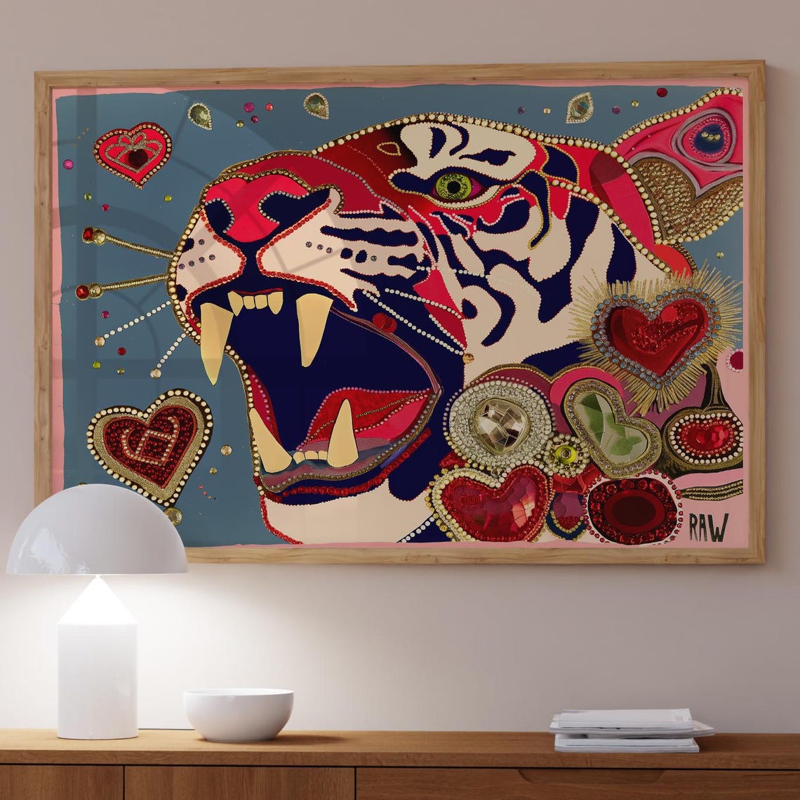 Roaring Glam Tiger With Jeweled Hearts Bold Maximalist Pop Art Poster