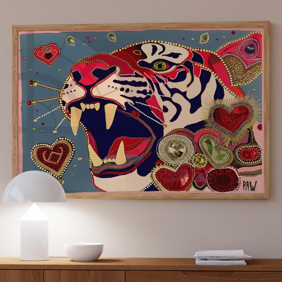 Glam Tiger Art Print Maximalist Jewel Heart Eclectic Wall Decor