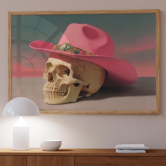 Pink Cowboy Hat Skull Print Surreal Western Decor