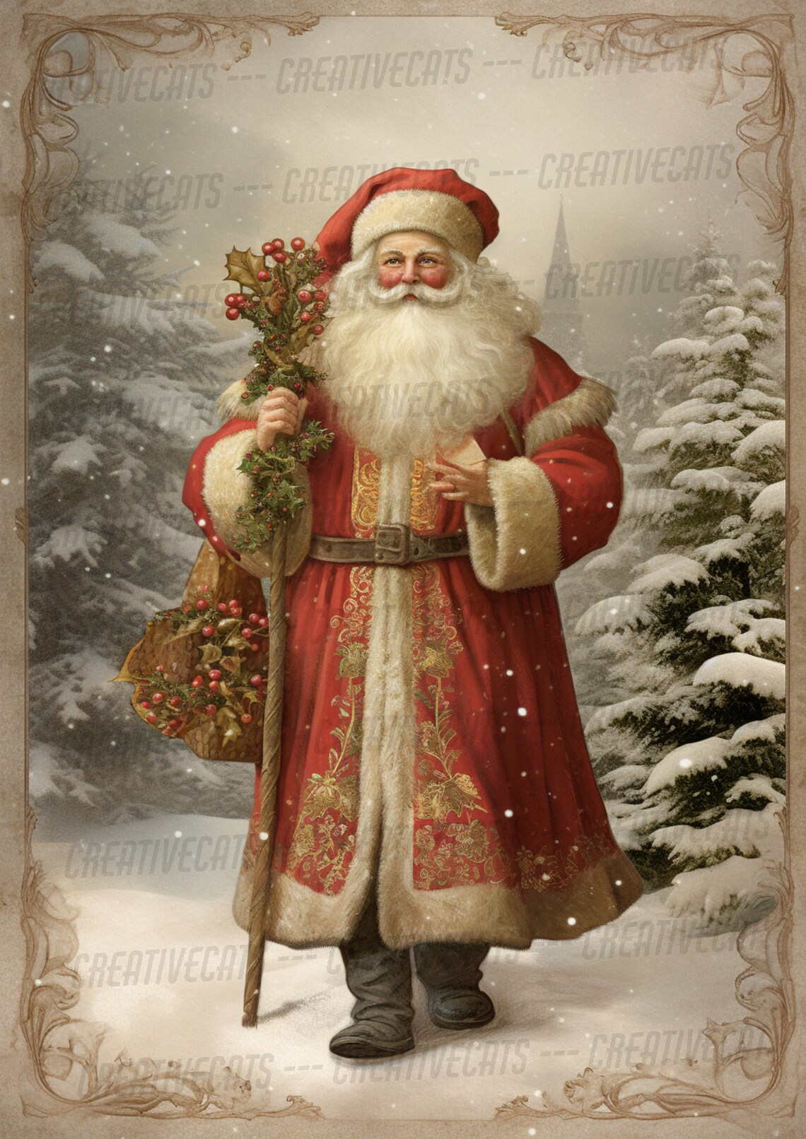 St Nicholas In Red Robe Snowy Woods Vintage Nostalgic Christmas Poster - Image 2
