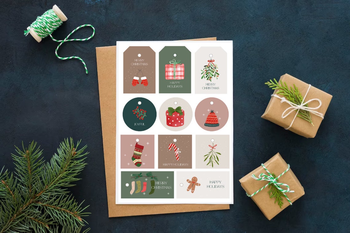 Christmas Gift Tag Sheet Festive Holiday Illustrations Print