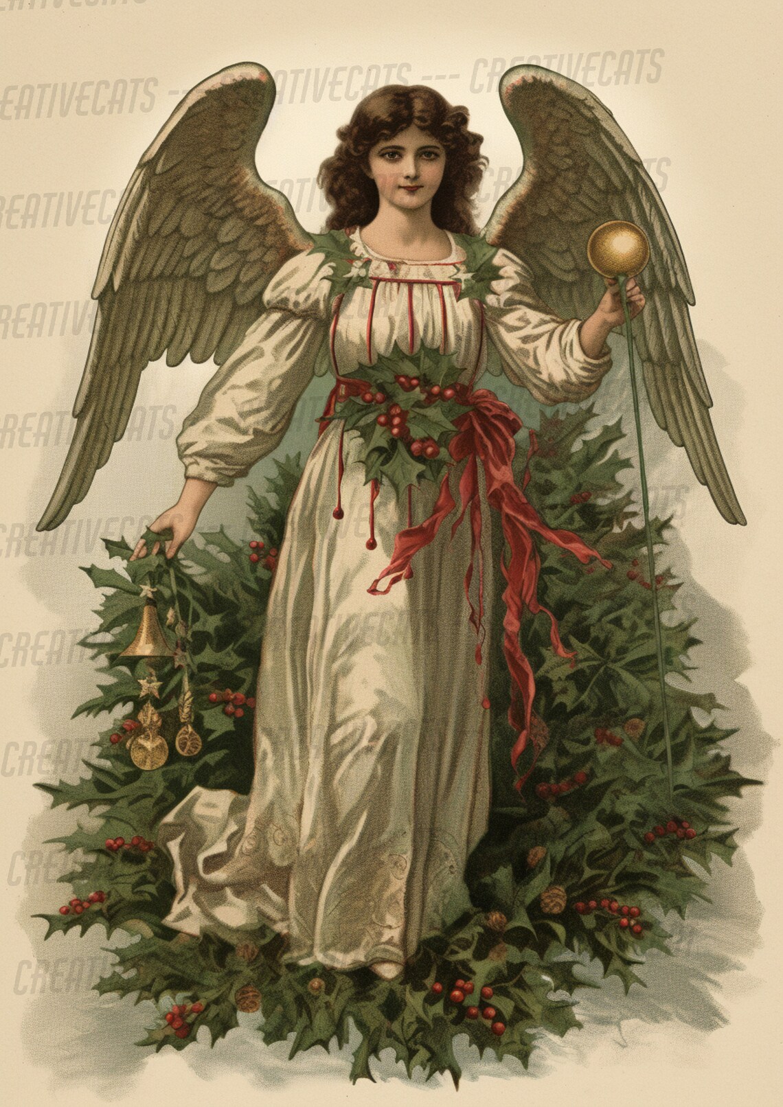 Vintage Christmas Angel Illustration Holly Wreath Red Sash Art Print - Image 2