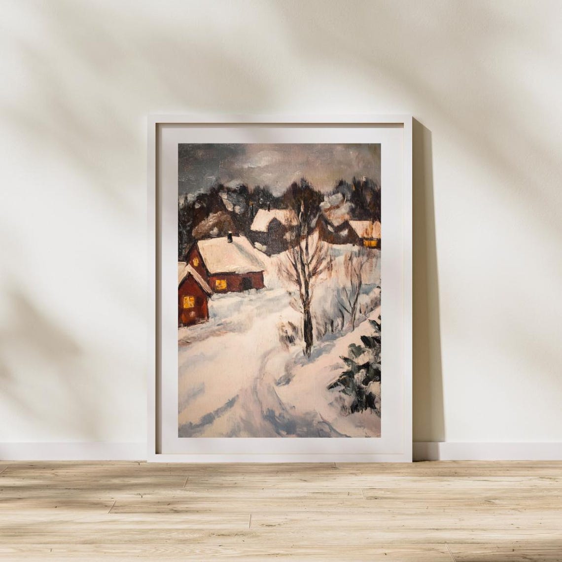 Neutral Antique Winter Oil Painting Snow Covered Village Impressionistic Vintage Landscape Swedish Houses Moody Winter Painting - Image 3