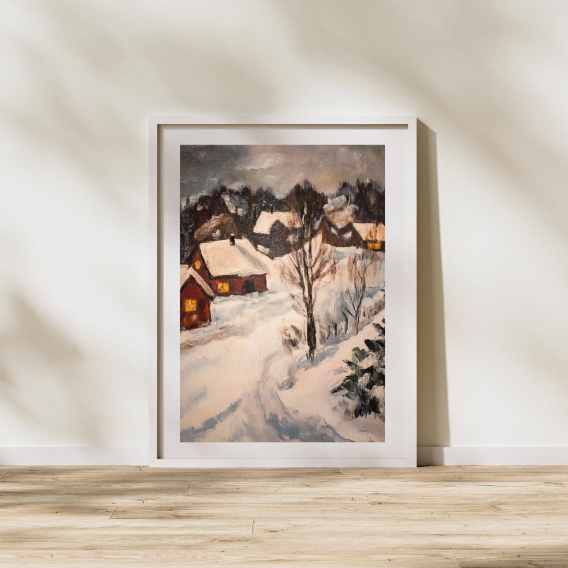 Snow Covered Village Red Houses Glowing Windows Winter Poster - Image 3