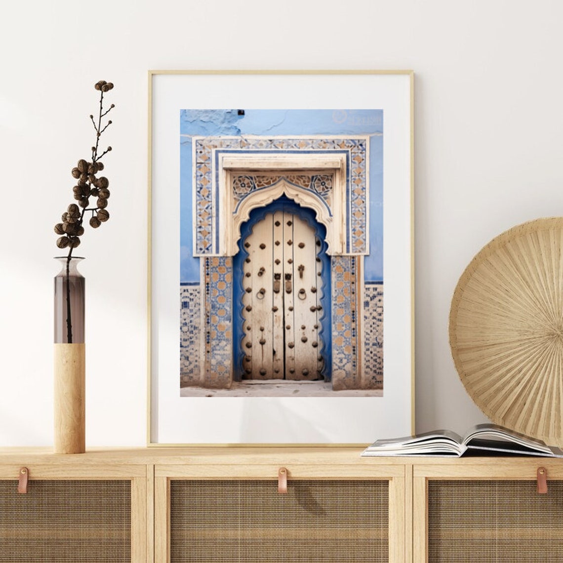 Blue White Moroccan Door Mosaic Tile Arched Entryway Art Print - Image 3