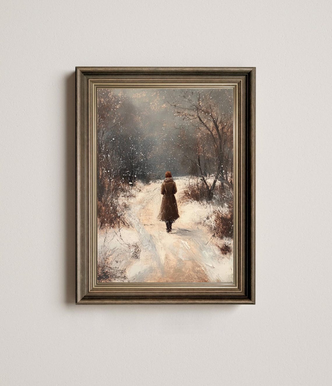 Antique Winter Oil Painting A Walk In The Snow Impressionistic Vintage Landscape Farmhouse Print Winter Walk Moody Winter Painting - Image 4