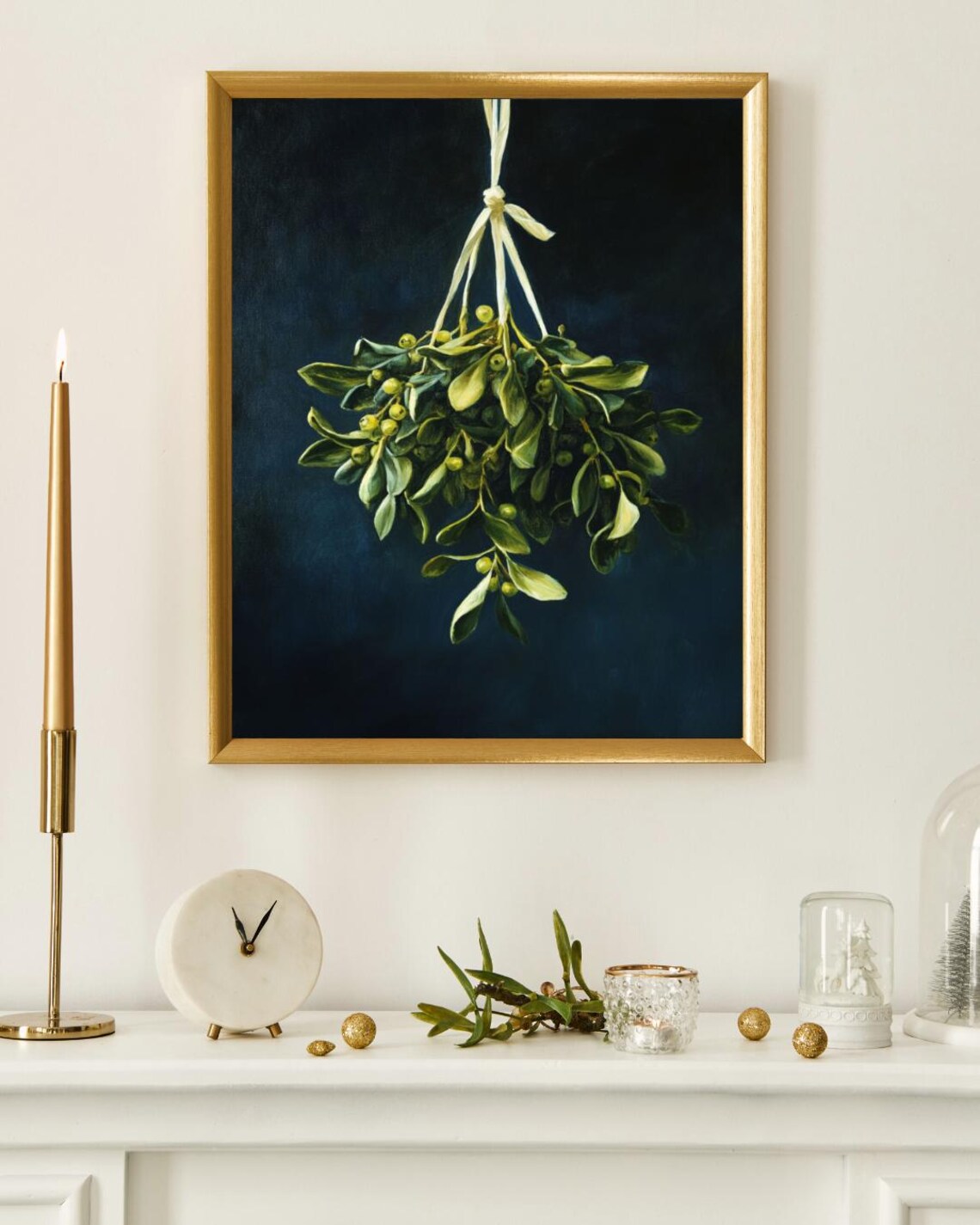 Mistletoe Hanging Cream Ribbon Dark Botanical Christmas Art Print - Image 3