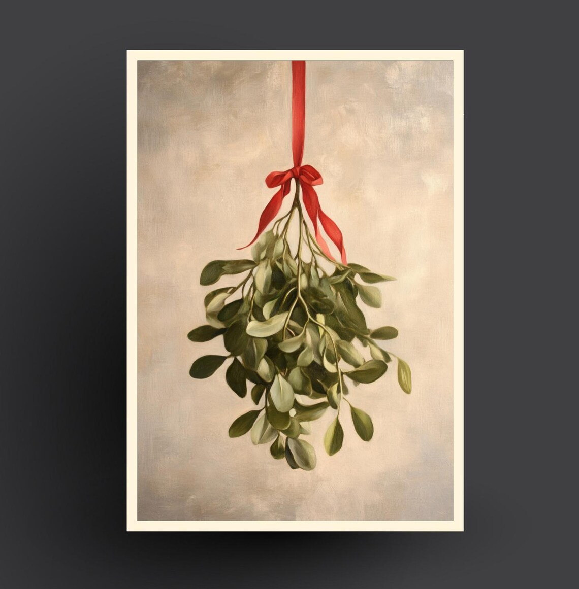 Mistletoe Bunch Red Ribbon Beige Botanical Christmas Art Print - Image 3