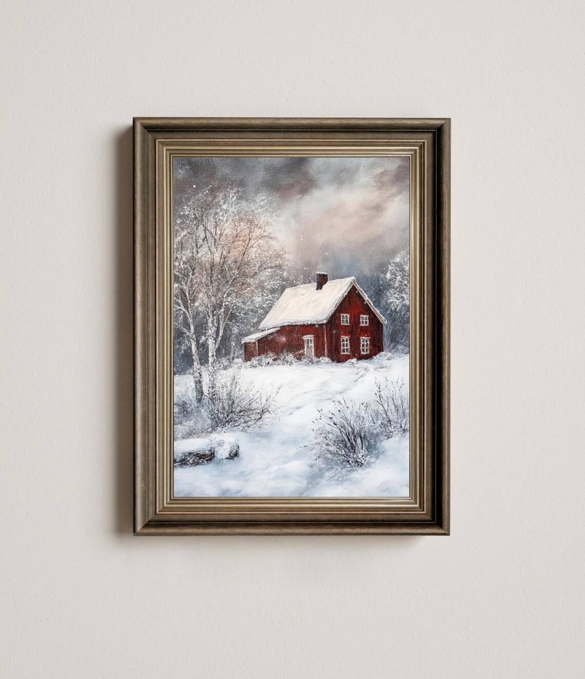 Red Farmhouse In Snow Vintage Winter Landscape Oil Painting Poster - Image 4