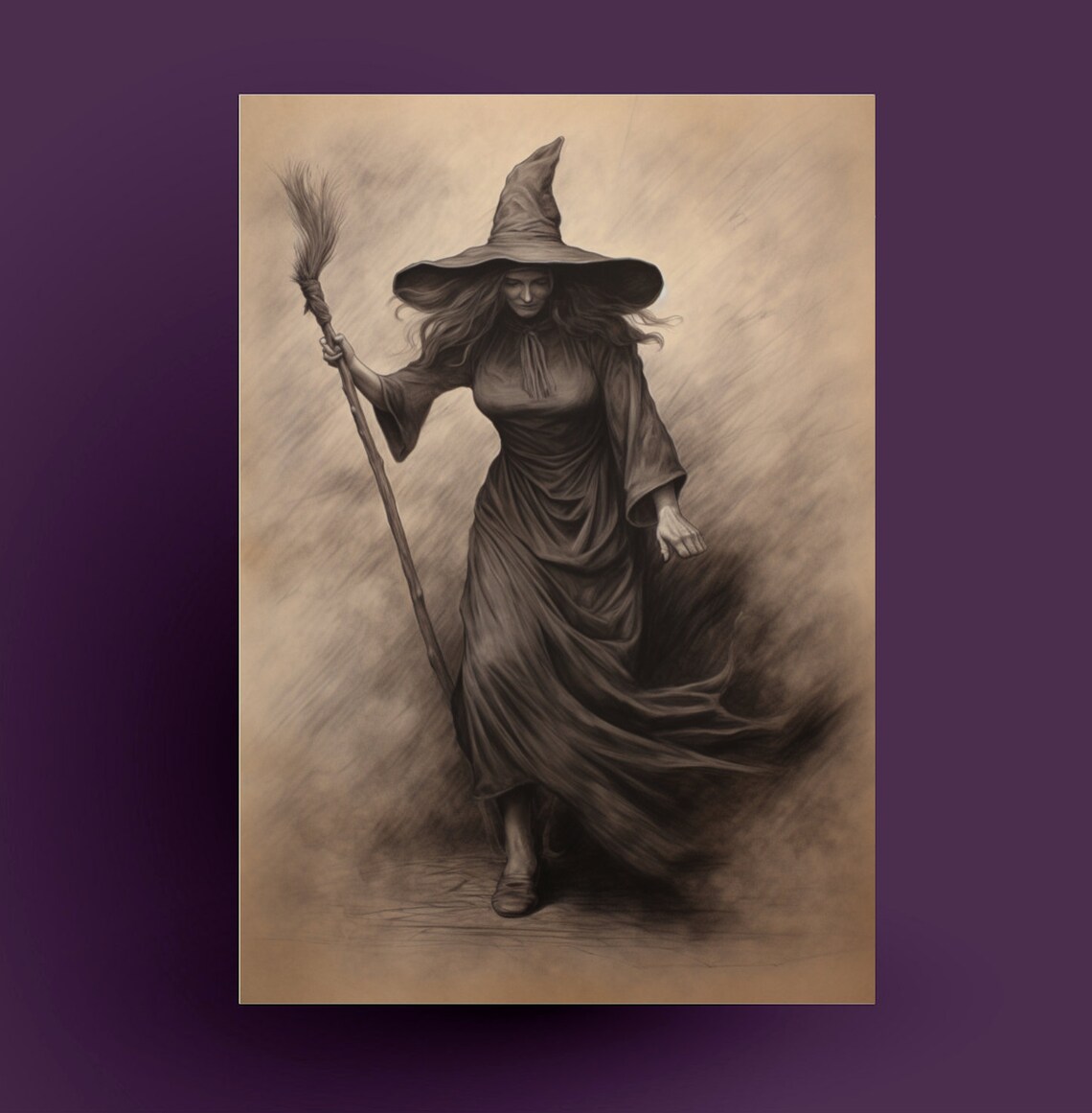 Tall Hat Witch With Broom Charcoal Sketch Vintage Witchy Halloween Poster - Image 5