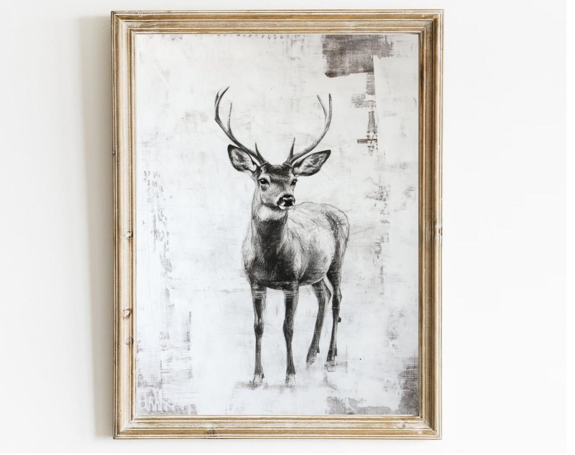 Black White Stag Deer Illustration Rustic Wildlife Sketch Art Print