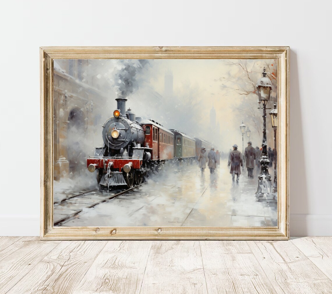 Vintage Steam Train Snowy Station Winter Railroad Painting Poster - Image 3