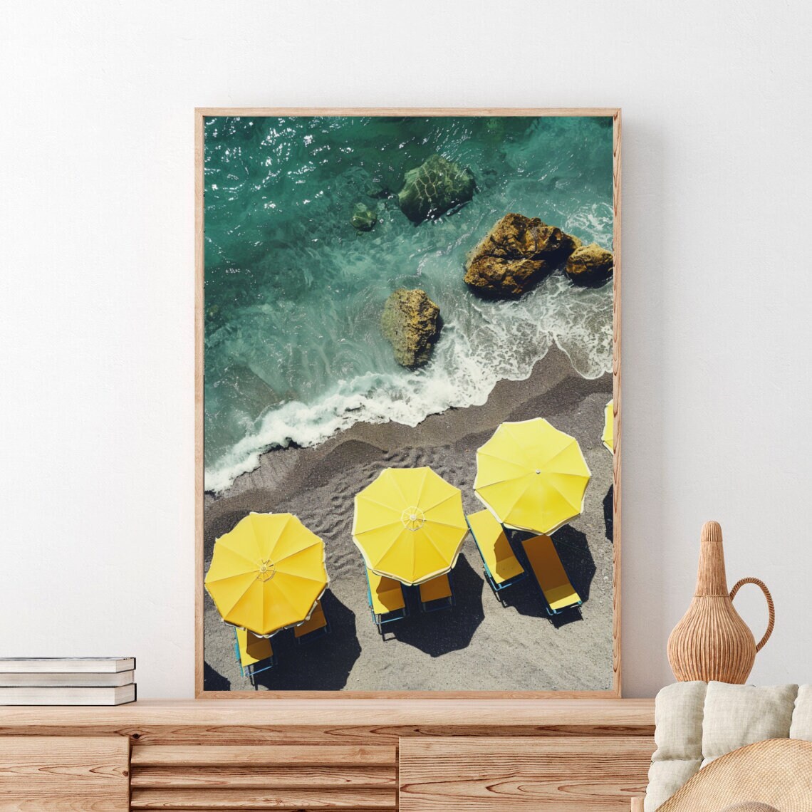 Yellow Umbrellas Rocky Coast Aerial Beach Photography Poster - Image 4