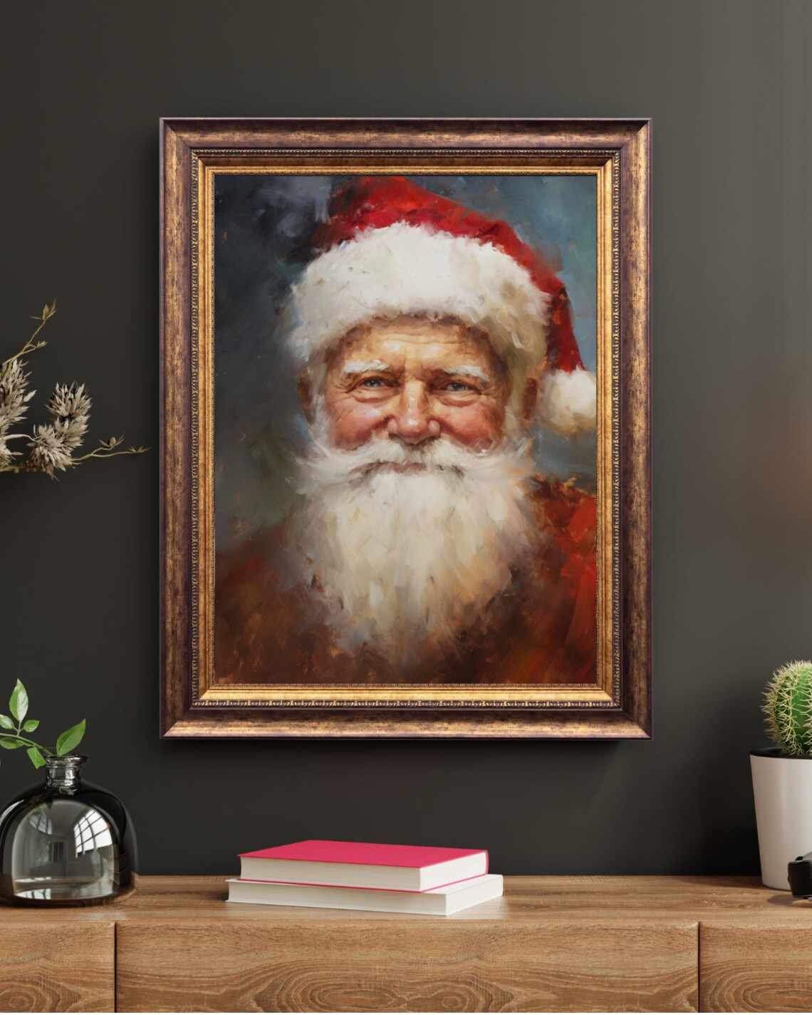 Vintage Santa Claus Oil Painting Portrait Red Hat Christmas Art Print - Image 3