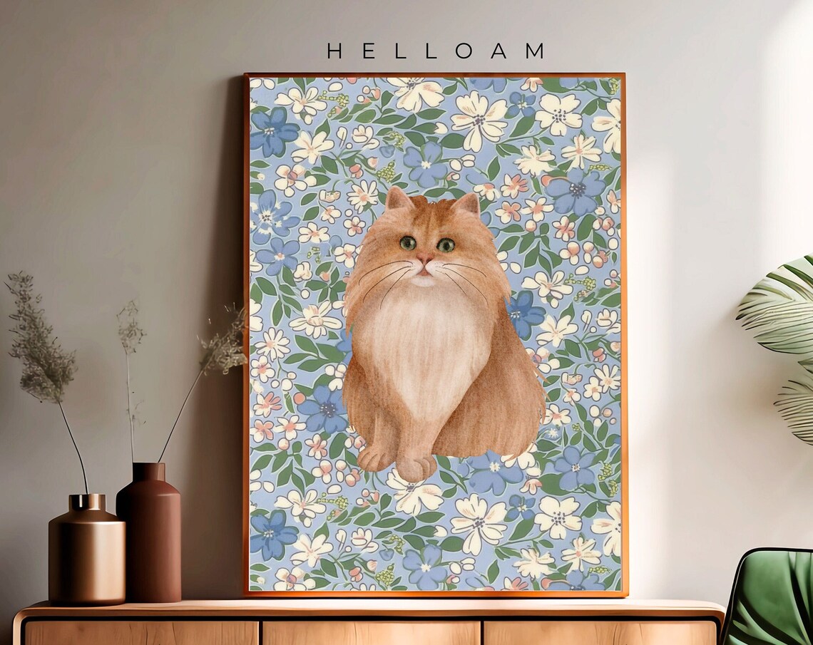 Ginger Longhair Cat Blue Floral Wallpaper Cute Nursery Wall Poster