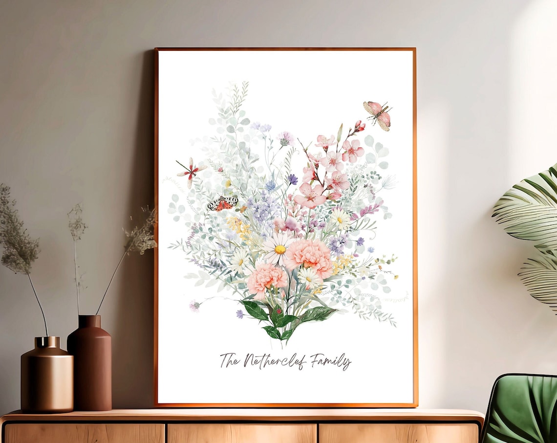 Birth Flower Bouquet Custom Wall Art Print, Personalized Gift