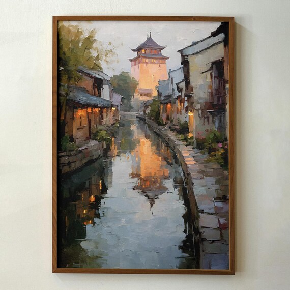 Chinese Water Town Canal Pagoda Tower Dusk Lights Reflection Art Print