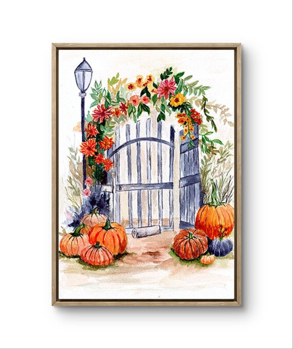 Watercolor Autumn Garden Gate Print Pumpkinsdigital Downloadhalloween Decor