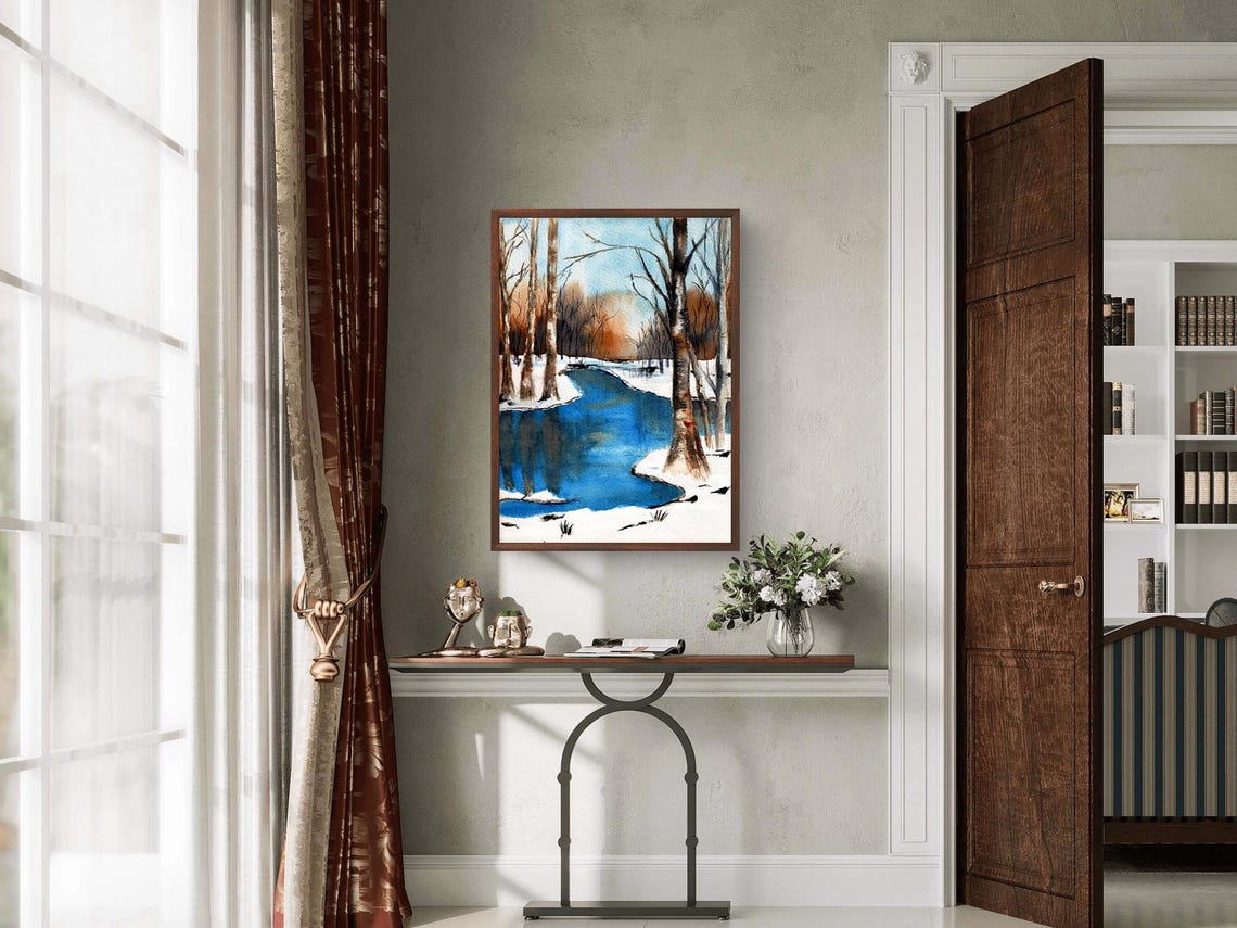 Serene Snowy Forest Winter Blue Stream Watercolor Landscape Print