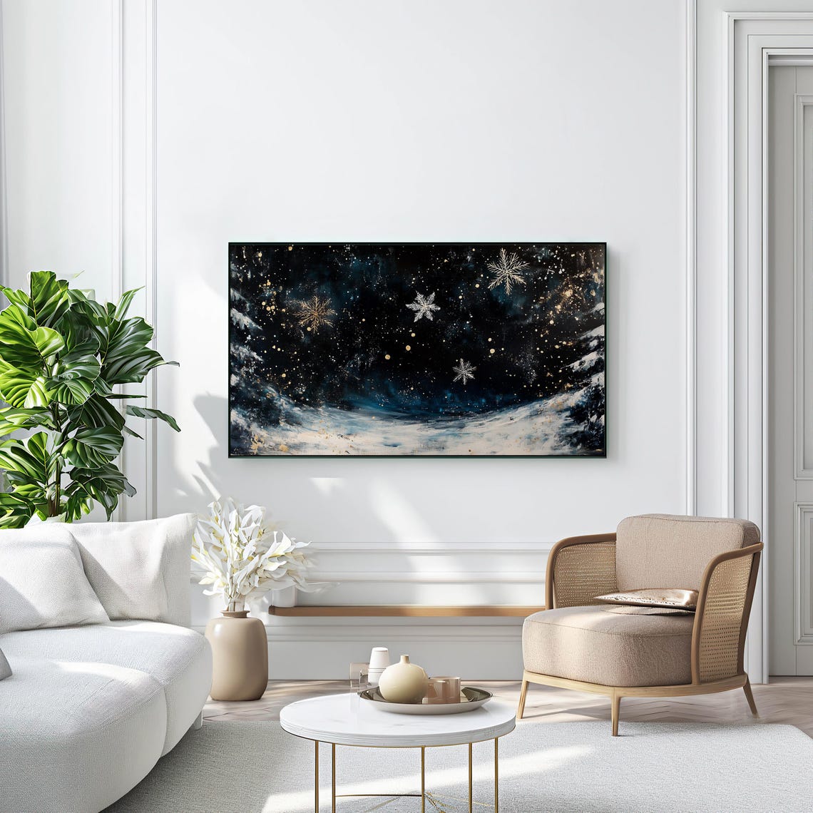 Snowflake Night Sky Gold Snow Falling Winter Abstract Poster - Image 2