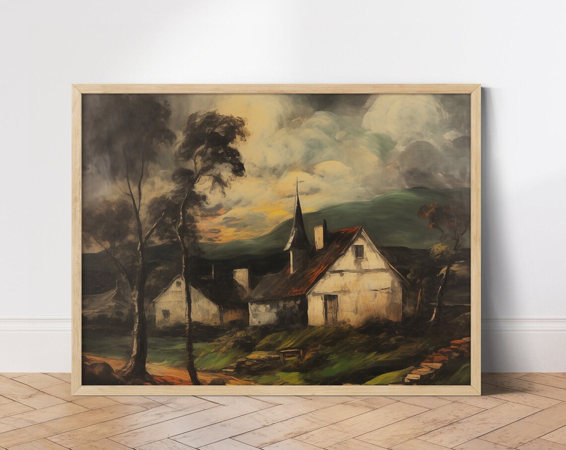 Rustic European Village Oil Painting Moody Countryside Art Poster