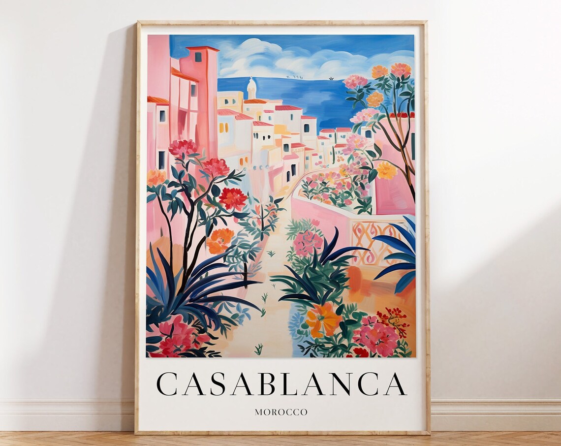 Casablanca Morocco Pink Floral Old Town Coastal Painting Poster