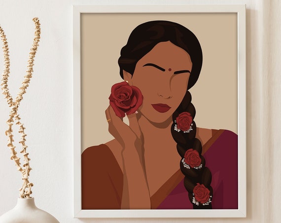 Indian Art Desi Art Indian Wall Art South Asian Woman Art Tamil Girl Art South Indian Art Desi Prints Telugu Art Brown Girl In Saree
