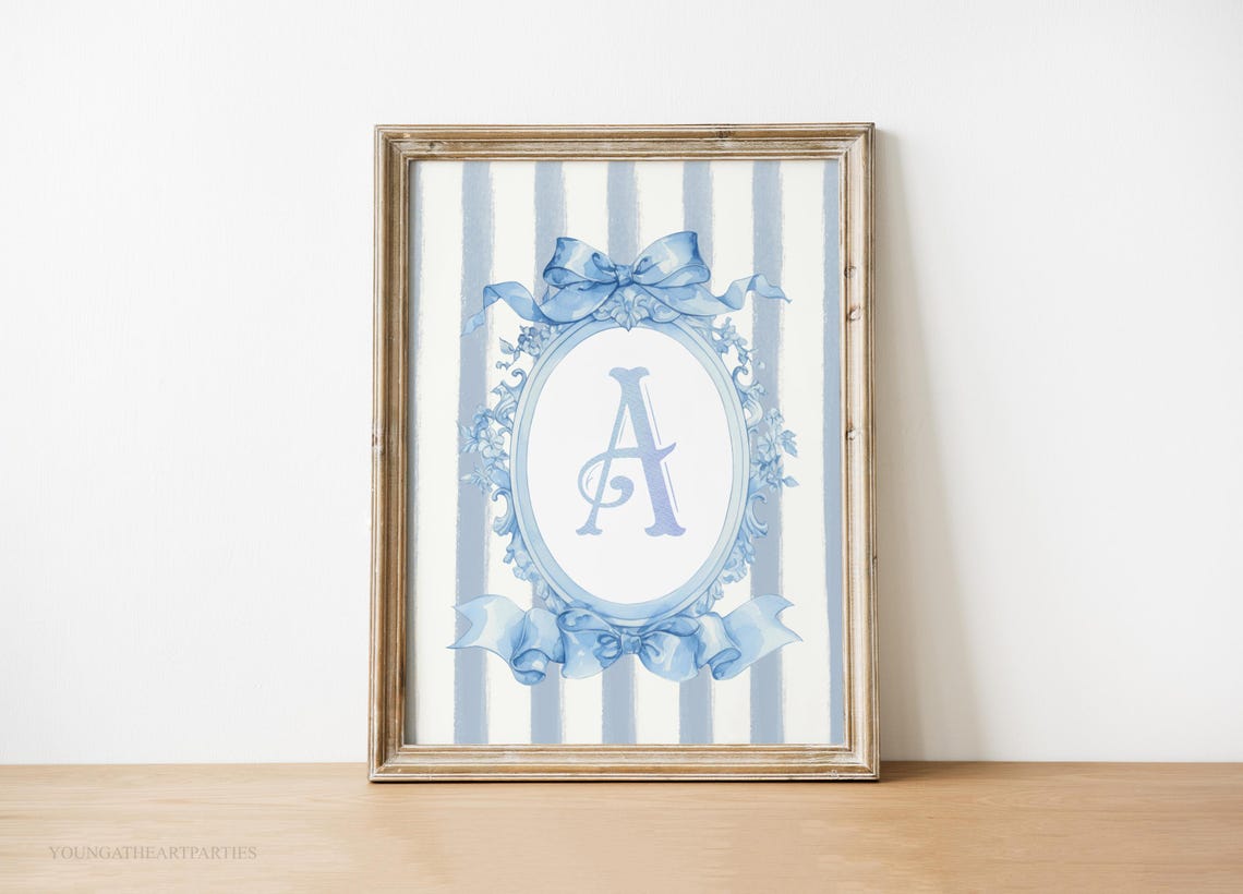 Custom Monogram Letter A Blue Ribbon Stripe Personalized Initial Print