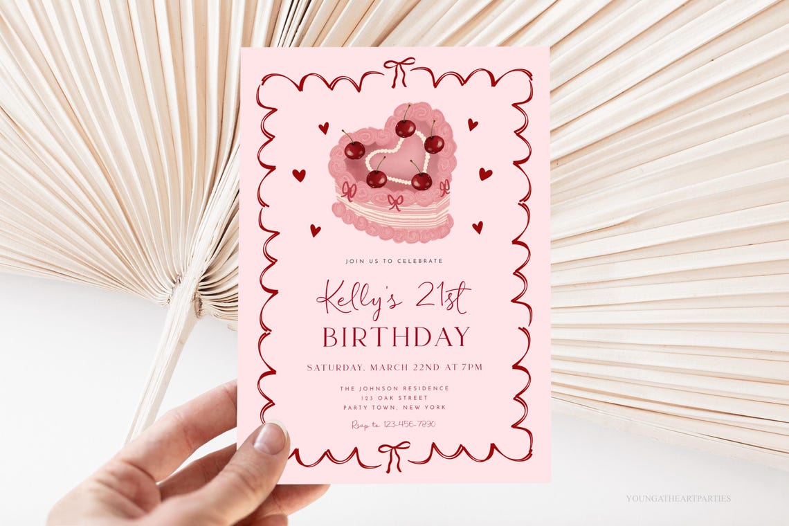 Coquette Cherry Heart Cake 21st Birthday Invitation Pink Party Print