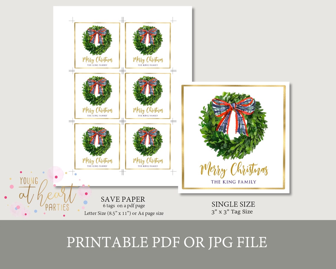 Boxwood Wreath Merry Christmas Gift Tag Plaid Bow Holiday Favor Print - Image 3