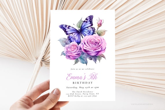 Purple Butterfly Birthday Invitation Template Purple Birthday Invitation Butterfly Flowers Invitation Editable Invitation Template Pb