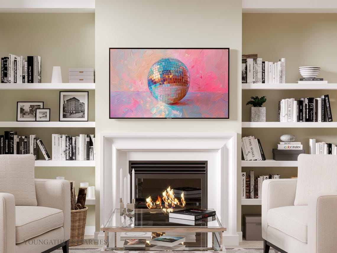 Pink Disco Ball Pastel New Years Eve Glamorous Frame TV Wall Art - Image 6
