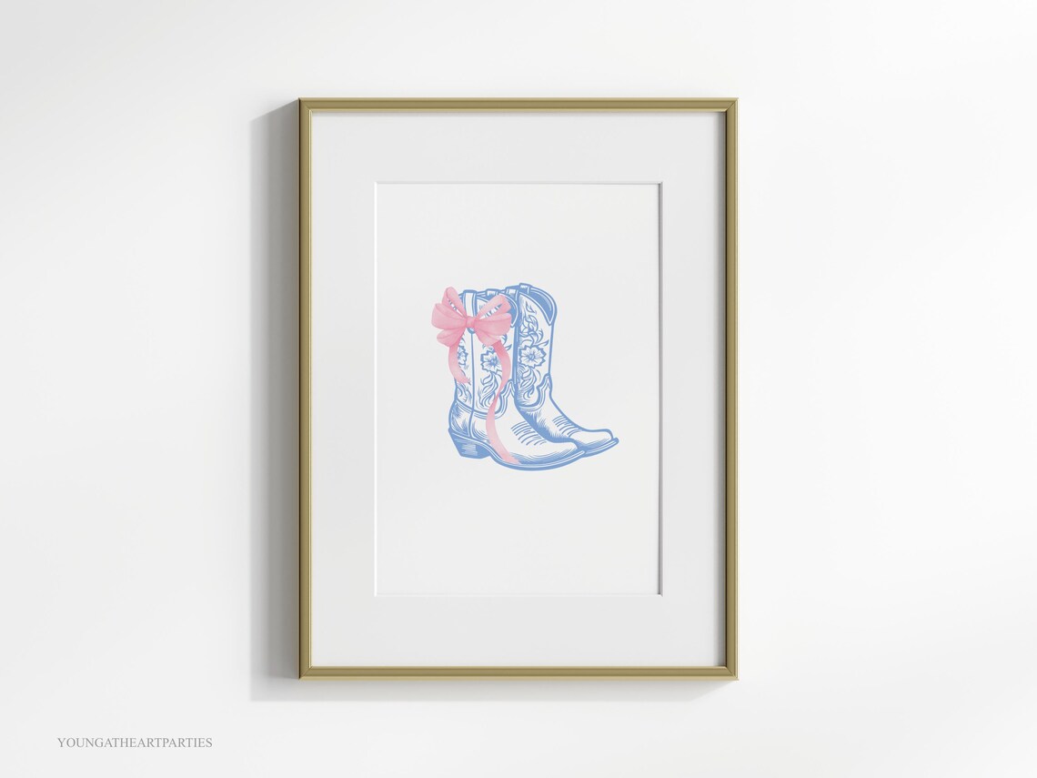 Coquette Blue Cowboy Boots Pink Bow Western Nursery Wall Art - Image 5