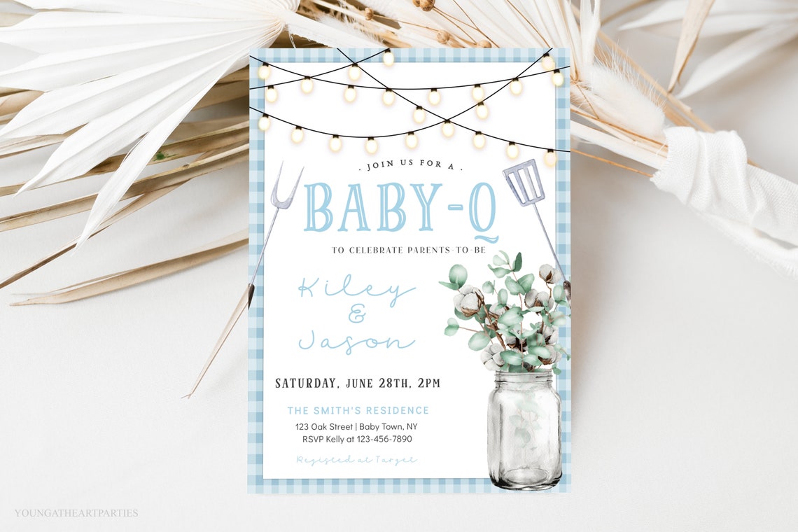Blue Gingham Baby Q Shower Invitation BBQ Backyard Cookout Party Print