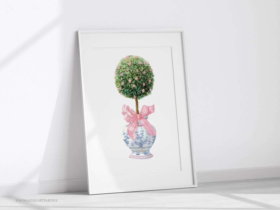 Blue Ginger Jar Topiary Pink Bow Chinoiserie Chic Decor Wall Art - Image 5