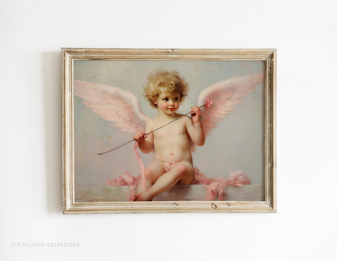 Vintage Cupid Cherub Oil Painting Valentine Angel Pink Wings Art Print - Image 6
