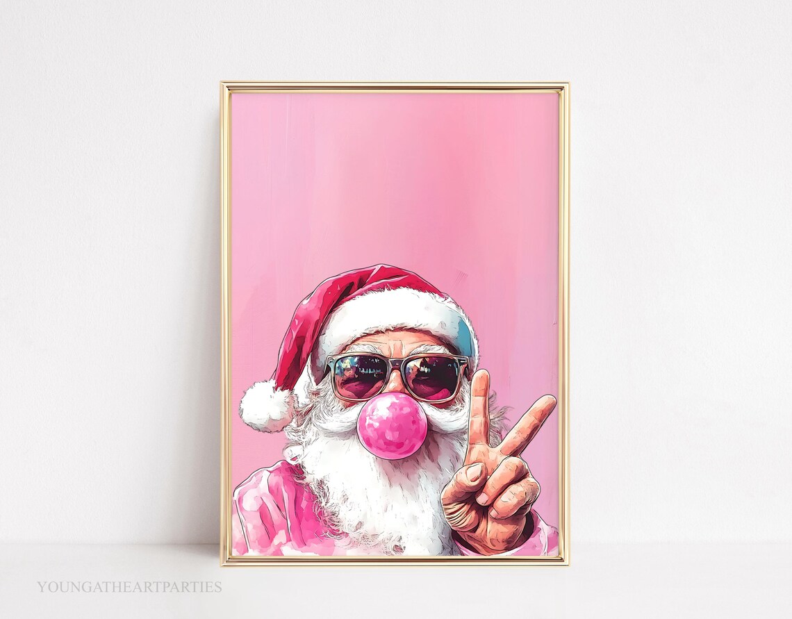 Pink Bubble Gum Santa Art Print Trendy Pink Christmas Wall Art Pink Christmas Girly Santa Claus Print Pink Preppy Christmas Art