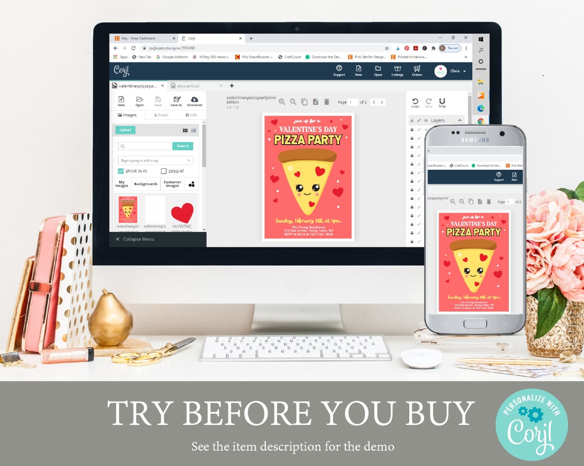 Valentines Day Pizza Party Invitation Cute Kawaii Kids Party Print - Image 3