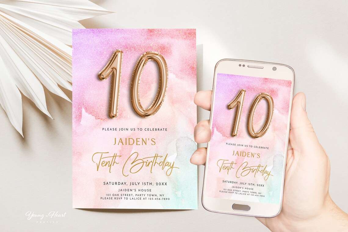 Jaiden Tenth Birthday Gold Balloon Number Party Invitation Print - Image 5