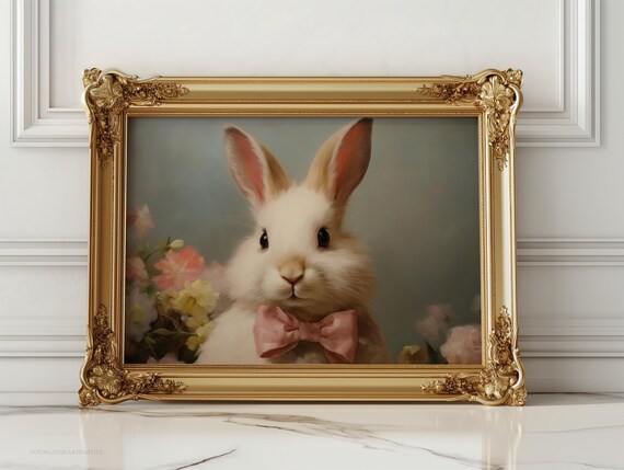 Vintage Easter Bunny Oil Painting Print White Easter Rabbit With Bow Wall Art Cute Easter Bunny Wall Art Home Decor