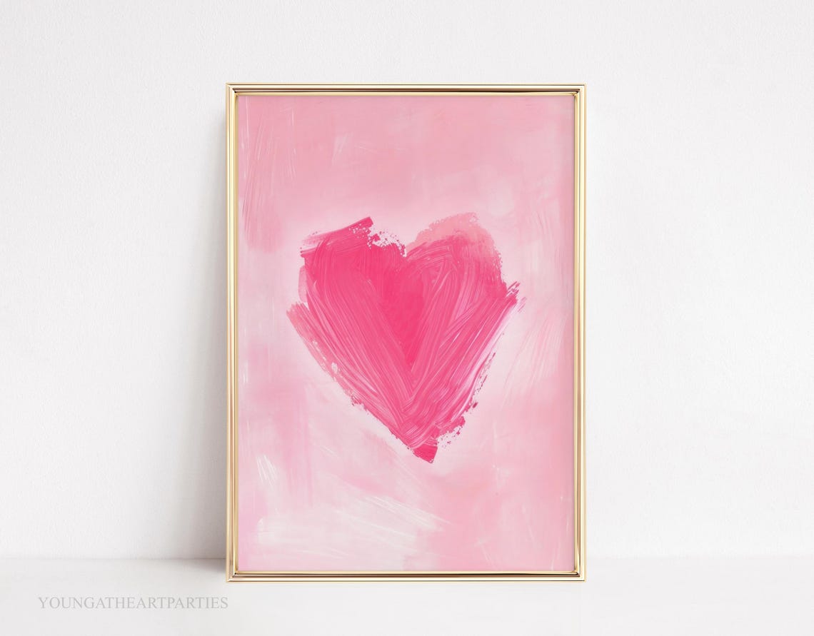 Pink Brushstroke Heart Abstract Love Art Painting Gold Frame Print