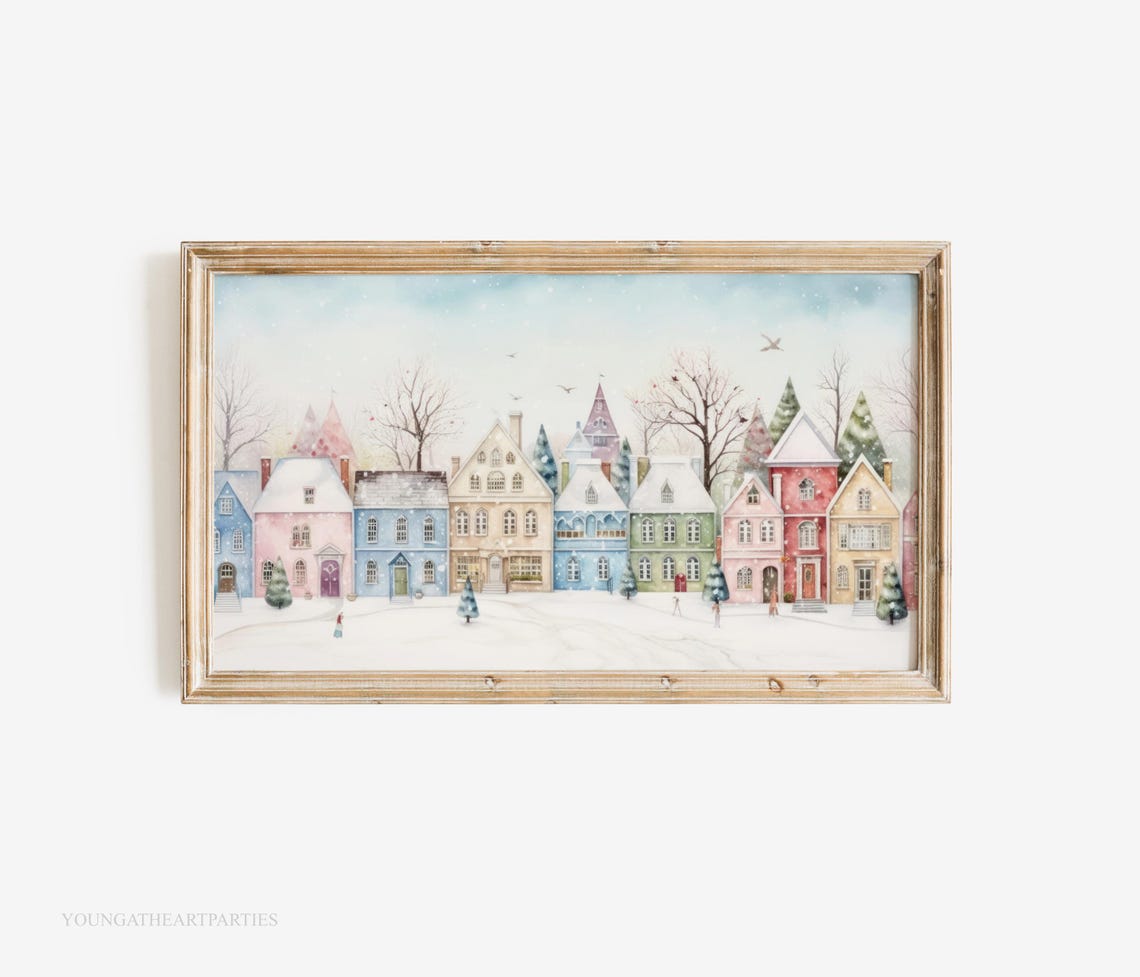 Christmas Frame Tv Art Cozy Pastel Christmas Village Homes Christmas Art Oil Painting Snowy Small Town Street Holiday Wall Decor Xmas
