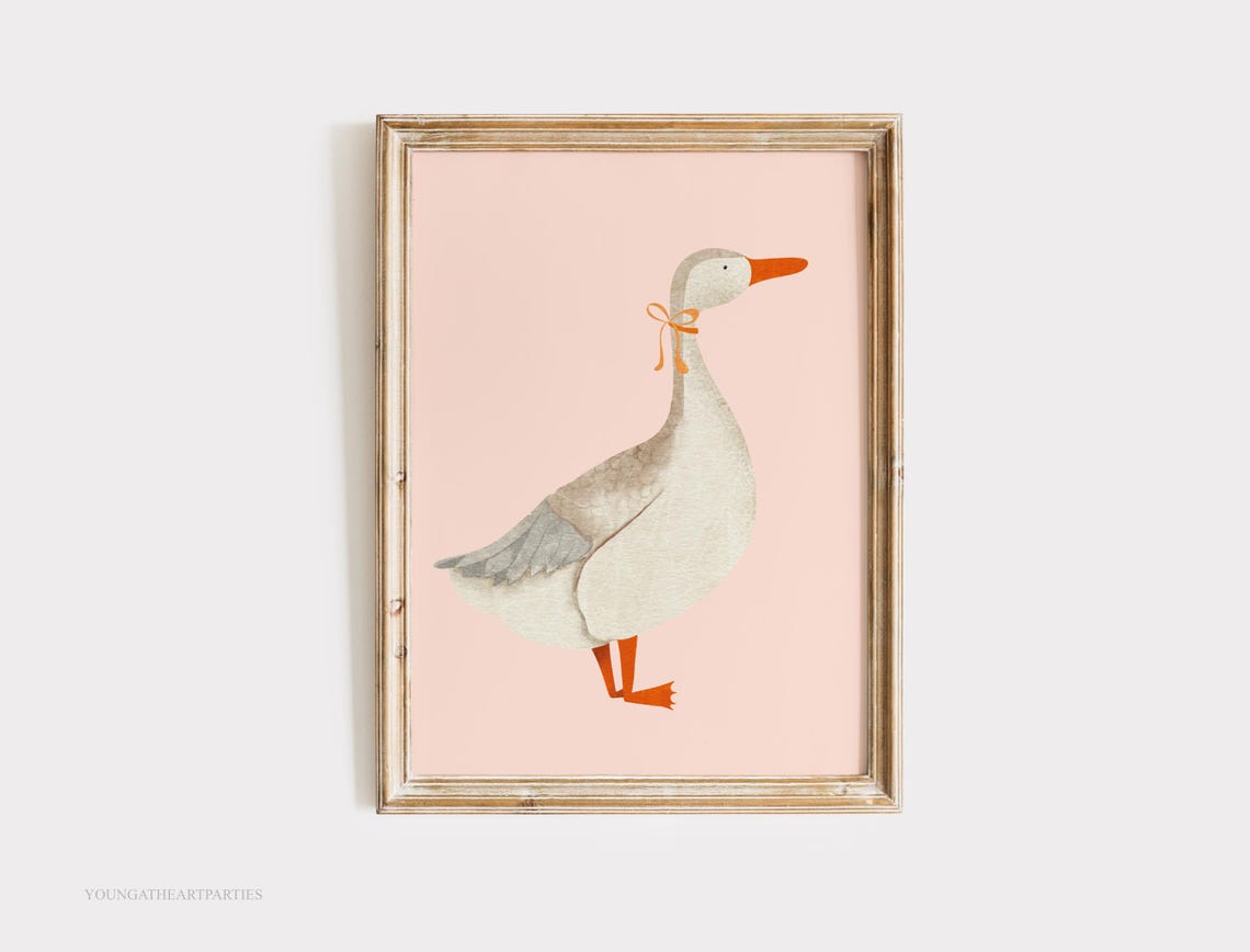 Watercolor Goose with Orange Bow on Blush Pink Nursery Wall Art - Image 3