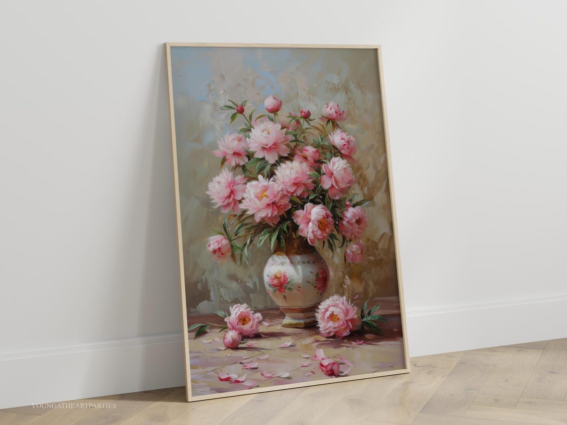 Pink Peonies Oil Painting Bouquet Vase Floral Still Life Art Print - Image 3