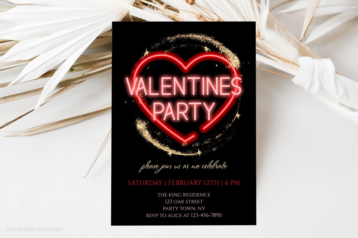 Valentines Party Neon Heart Gold Glitter Party Invitation Print