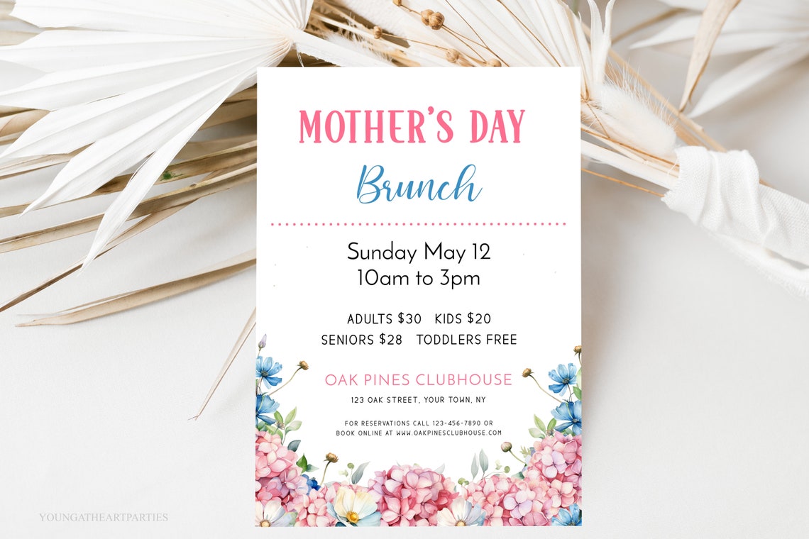 Pink Hydrangea Mothers Day Brunch Flyer Template Blue Floral Print - Image 5