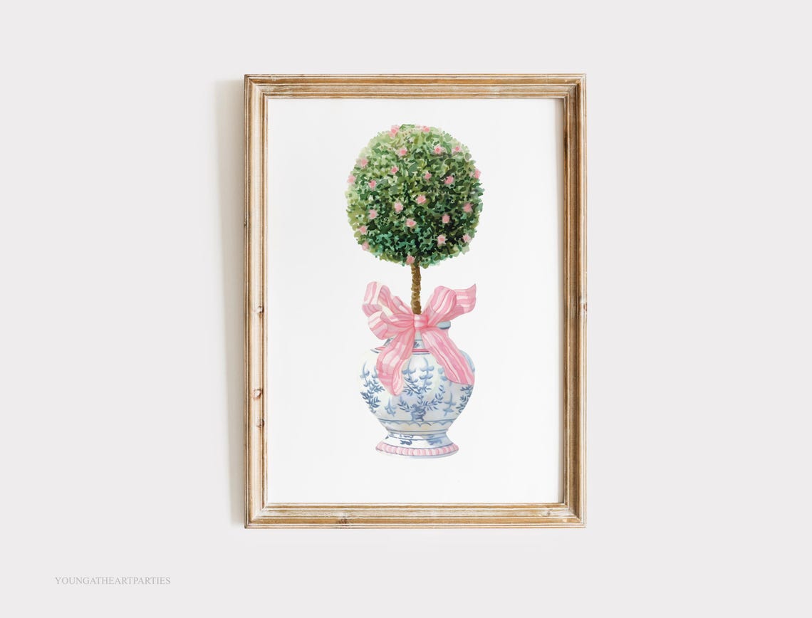 Blue Ginger Jar Topiary Pink Bow Chinoiserie Chic Decor Wall Art
