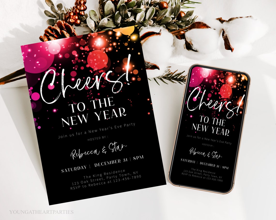 Cheers to the New Year Eve Party Invitation Black Pink Print