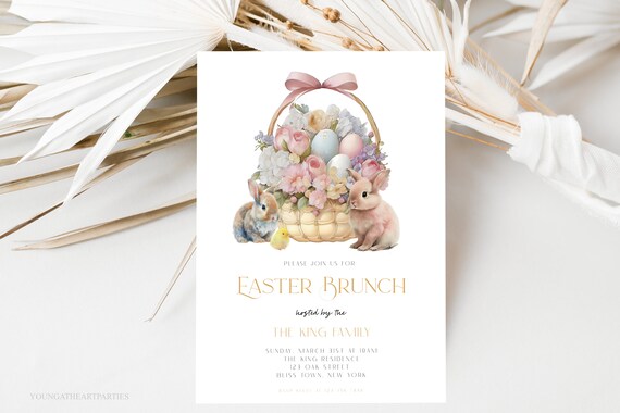 Watercolor Easter Brunch Invitation Basket Bunny Egg Hunt Party Print