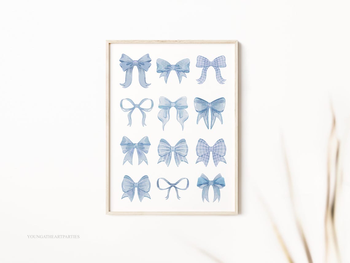 Blue Watercolor Bow Grid Coquette Nursery Decorative Art Poster - Image 2
